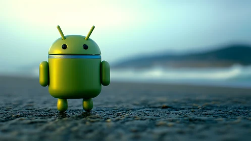 Android-style green robot toy on blurred coastal beach.