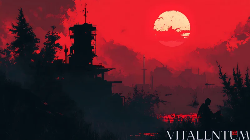 Crimson sun swallows a lonely outpost in silent twilight
