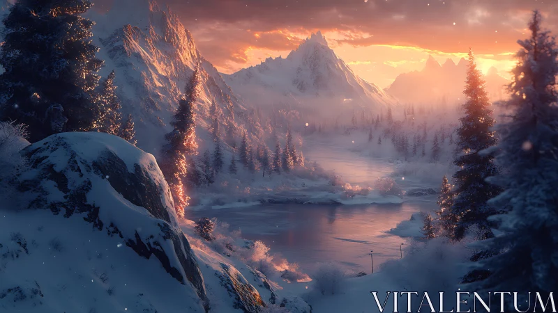 Golden winter mountains wrapped in soft sunset glow.