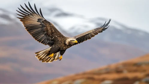 Majestic Bald Eagle Soaring Over Mountain Landscape in Sharp Focus.