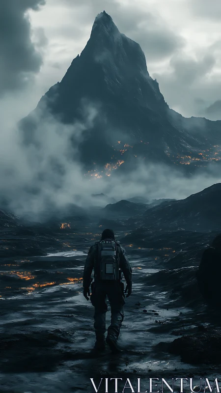 Lone explorer approaches dark volcanic mountain peak.