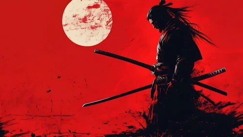 Solitary samurai silhouette stands against red sun backdrop