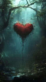 Red Heart Suspended in Misty Forest Landscape.