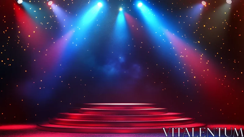 Glowing red stage steps under colorful concert lights.