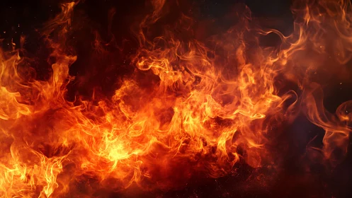 Intense Fire Flames Against Dark Background.