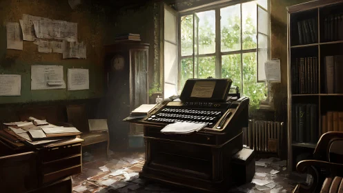 Sunlit vintage typing office captures layered narrative decay