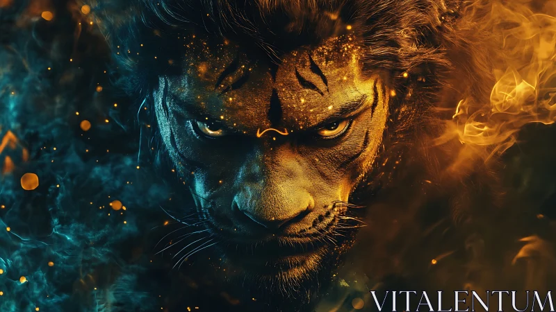 Ember-eyed tiger warrior framed by swirling elemental fire.