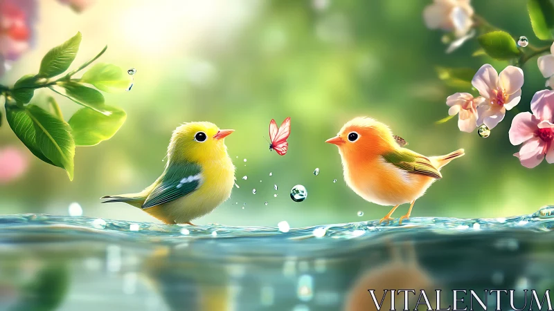 Hyperreal songbirds in shallow water with butterfly interaction