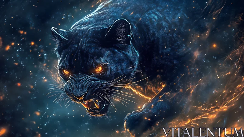 Ethereal Black Panther with Glowing Eyes and Fire.