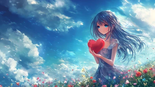 Girl holds red heart object in stylized floral landscape