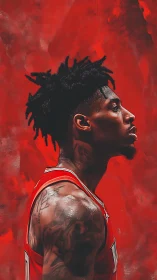 Basketball portrait in profile with intense red painted field.