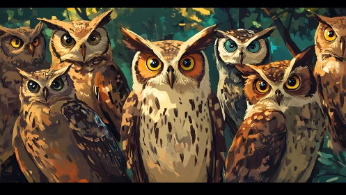 Group of Colorful Owls in Digital Art Style, Vibrant Forest Setting.