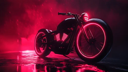 Neon cyberpunk motorcycle under rain in vivid red glow.
