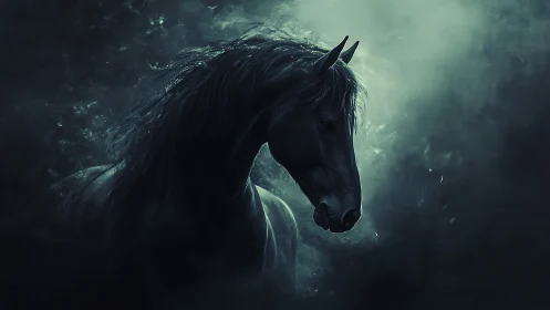 Midnight black stallion emerges from swirling mist.
