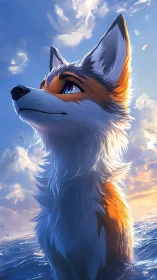 Anthropomorphic fox portrait in oceanic sunrise backlight