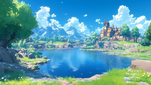 Sunny lakeside fantasy town beneath distant snowy peaks.