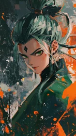 Green haired anime warrior stares forward amid orange splashes