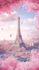 Parisian tower framed by luminous pink cherry blossom skies.