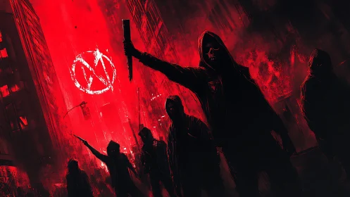 Hooded insurgents in crimson dystopian city blaze at night.