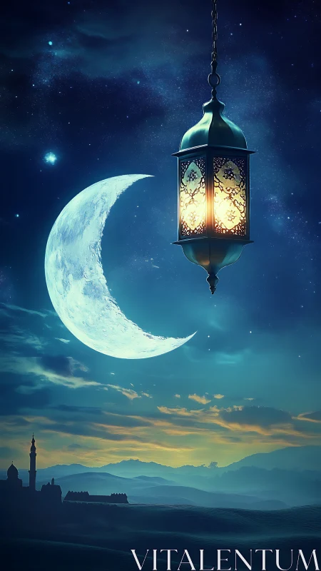 Hanging lantern glows softly beneath a crescent moonlit sky