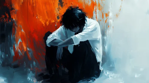 Seated figure against abstract wall in blue and orange tones.