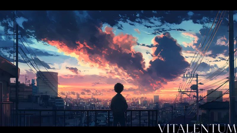 Solitary figure observing neon dusk sky above dense cityscape