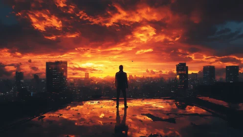 Lone silhouette on rooftop against blazing cyberpunk sunset.