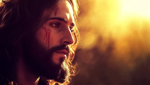 Gentle wounded face in golden, forgiving evening light.