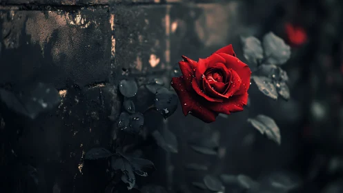 Red Rose with Water Droplets Against Dark Stone Surface