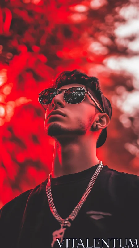 Stylish young man stands confident beneath neon red glow