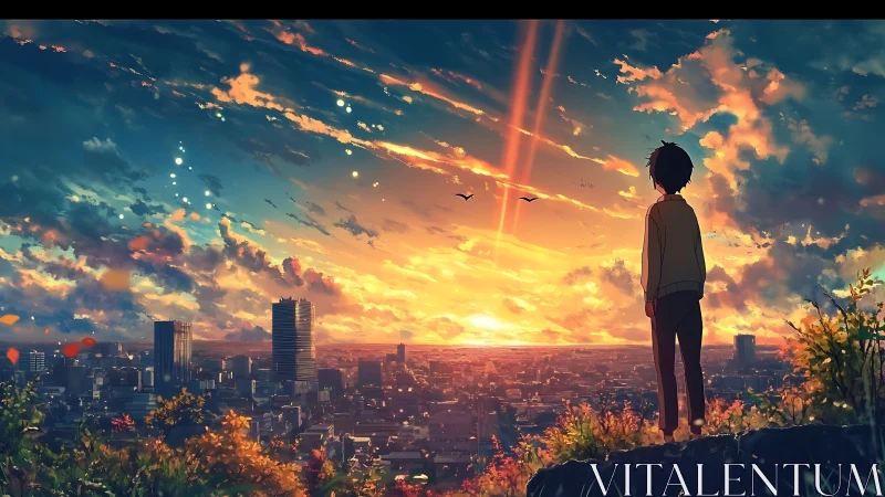 Backlit adolescent observing radiative sunset over urban skyline.