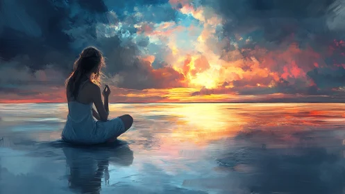 Woman sits on reflective shoreline watching dramatic sunset