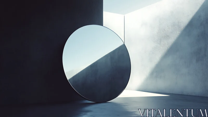 Large circular mirror in minimal architectural corner space.