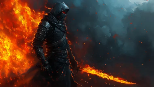 Fiery hooded warrior strolling through swirling ember storm.