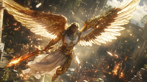 Armored winged figure with flaming sword above ruined city.