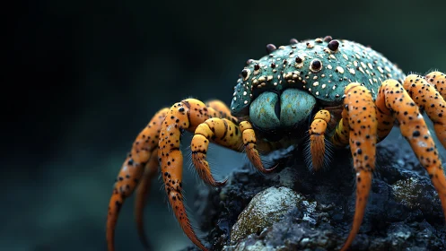 Spotted orange crab-like creature on rock in macro view.