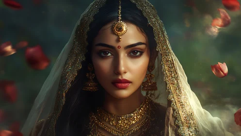 Regal bride gazes forward amid drifting rose petals.