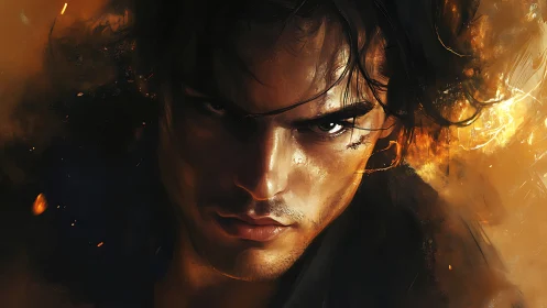 Intense male portrait amid swirling orange flames.