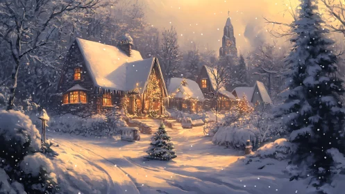 Snowy village cottages under warm winter lights at dusk.