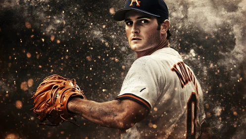 Dust-sparked baseball pitcher coils in cinematic mid-windup.