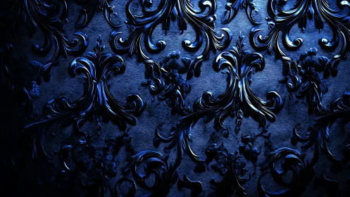 Midnight baroque scrollwork shimmering in sapphire glow.