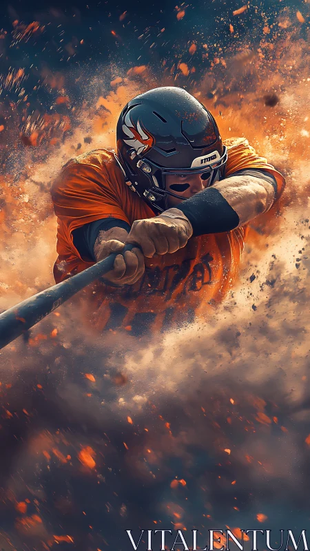 Helmeted baseball batter swinging bat amid dynamic debris field.