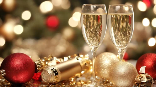 Festive champagne flutes glow amid red and gold ornaments.