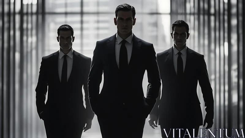 Triad of shadowed executives marching through silver corridors.