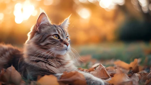 Tabby Cat Sitting Among Fallen Leaves in Golden Hour Light