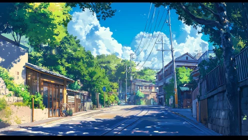 Residential street with tram tracks under clear daylight sky.
