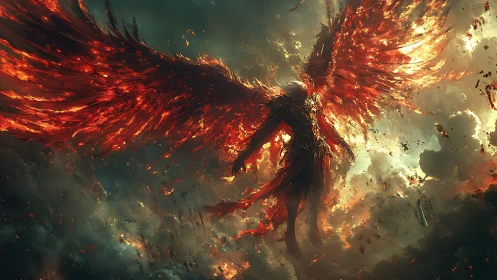 Winged fiery humanoid ascends through dense burning clouds