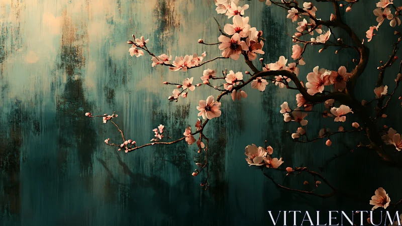 Cherry blossoms drift softly across a moody teal backdrop