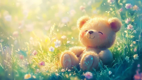 Luminous plush bear in soft-focus meadow illumination field.