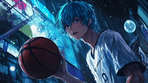 Rainlit streetball dreamer guards the final midnight shot.